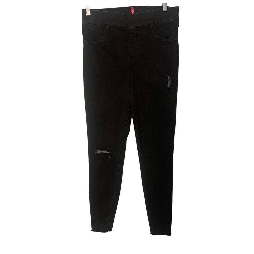Spanx Distressed Black Skinny Jeans Raw Hem Stretch Comfort Sz Large
